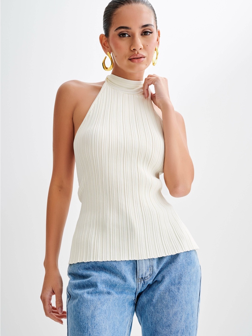 Laila Longline Halter Rib Knit Top - Ivory Marle